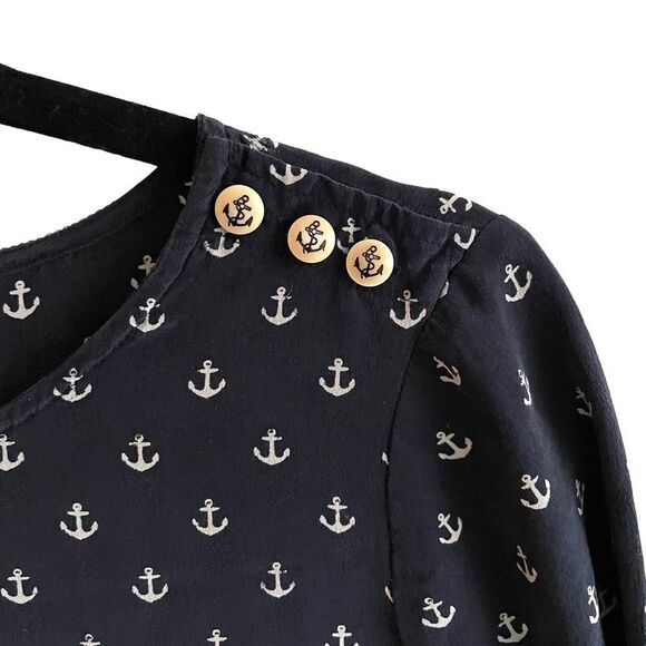 J. CREW Silk Popover Blouse Anchor Nautical Print Navy Blue White 0 - Picture 3 of 6